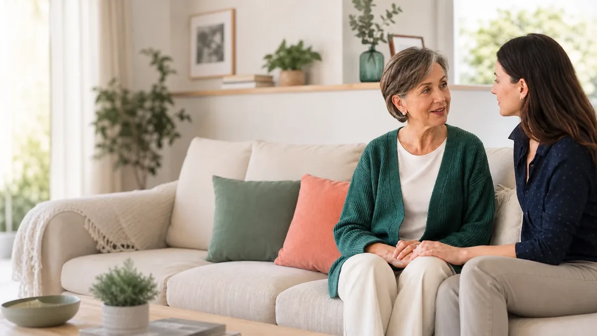 O doamna discuta cu un membru al familiei intr-un ambient luminos